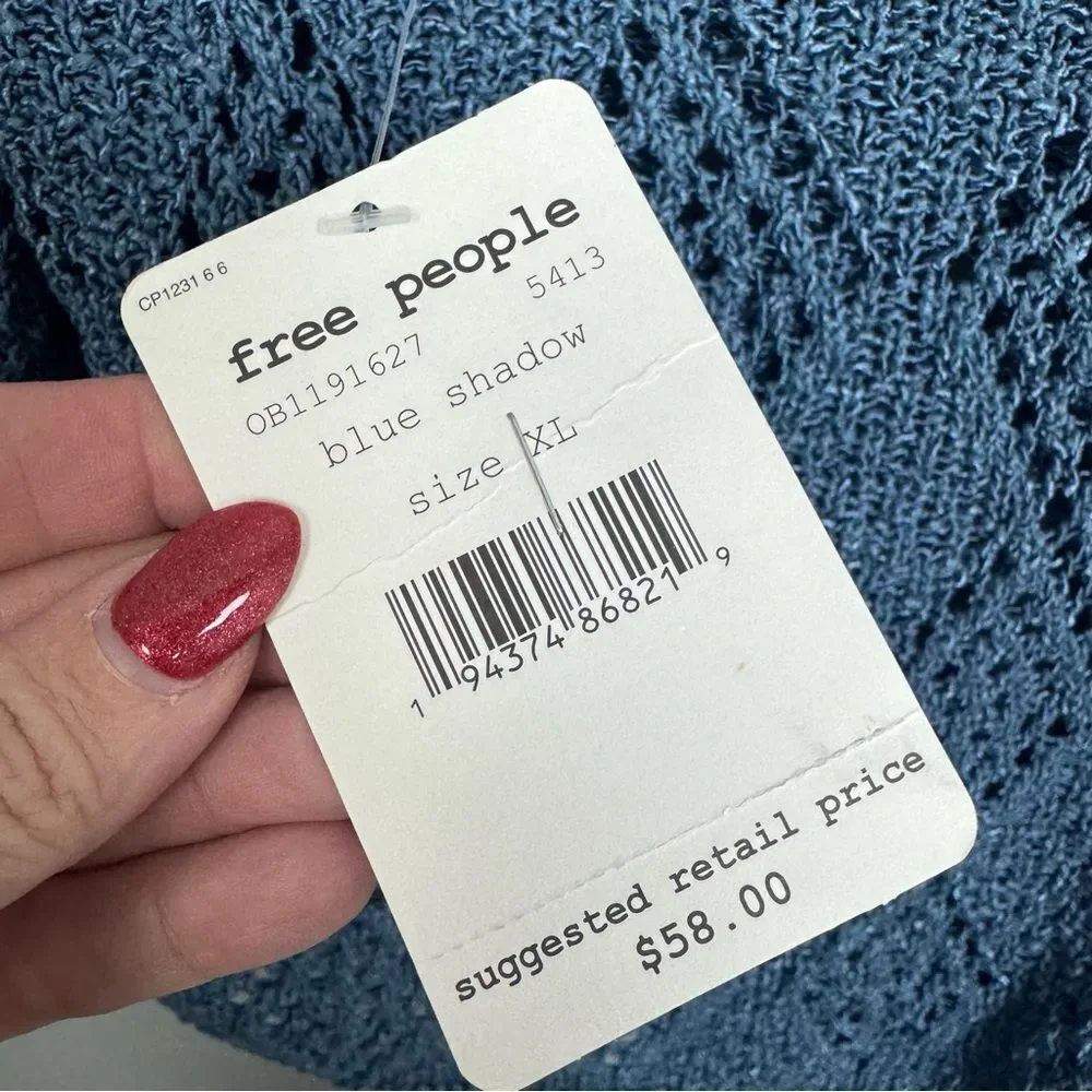 FREE PEOPLE | NEW Glisten Blue Shadow Open Knit Tank Top Women’s Size X-Large